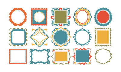 Vector illustration featuring a diverse collection of decorative frames in various shapes and playful styles, rectangles, squares, ovals, and arched frames with whimsical borders, easily editable.