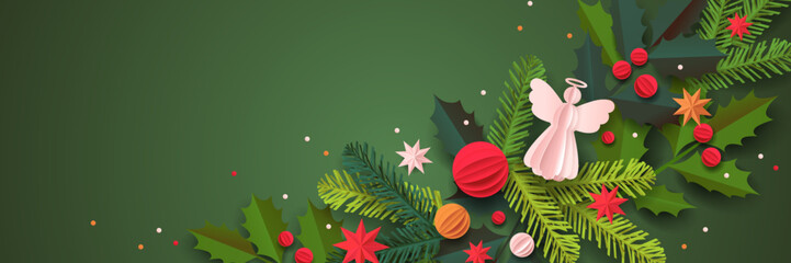 Paper cut template. Christmas vector greeting card. Christmas tree, balls, and a decor isolated on a green background. Winter frame for holidays with place for text.
