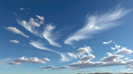 Obraz premium Sky Sculptures: The boundless blue canvas of the atmosphere is transformed by wispy clouds, creating a breathtaking scene of tranquility and natural beauty.
