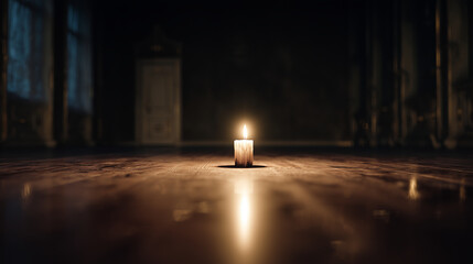 candle burning in a quiet elegant old room, ideal for illustrating solitude, remembrance, meditation, or spiritual themes in editorial or design projects