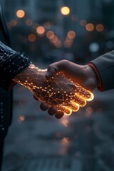 Digital Handshake Futuristic Network Connection Golden Light Abstract Technology Business Partnership Agreement Modern Art Graphic Design Background Illustration Image Power Lines Future Growth Global