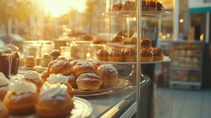 Obraz premium Assorted Freshly Baked Pastries in Display Case at Sunrise, Capturing Golden Light and Inviting Atmosphere of a Bakery Shop