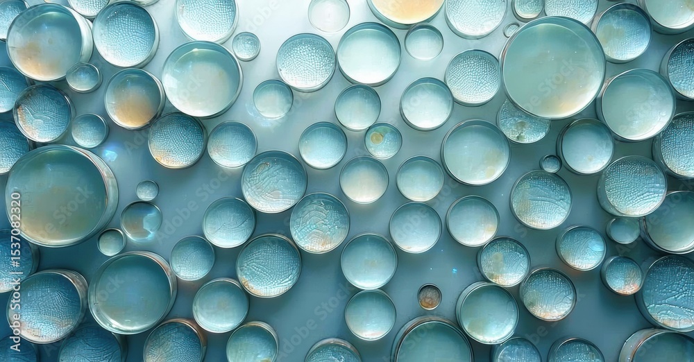 Poster oil droplets suspended in water create abstract patterns. blue, teal hues dominate composition, offe