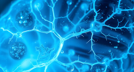 Abstract Blue Neural Network: Microscopic View of Interconnected Cells, Representing Biology, Medicine, and Advanced Research