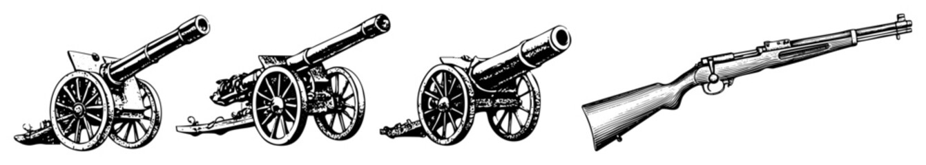 Fototapeta premium Vector Vintage artillery cannons and a rifle are depicted in a detailed sketch.