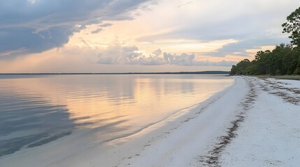Serene Sunset Beach Landscape,  Calm Waters and Sandy Shore