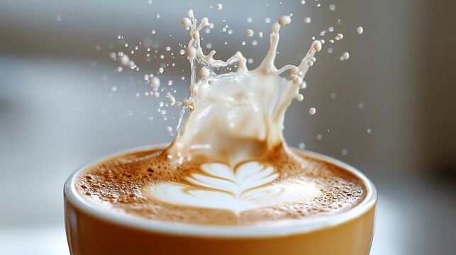 Splash of milk hitting coffee in slow motion latte art white background overlay cut out on isolated transparent removed background