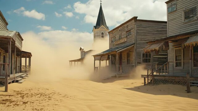Abandoned Wild West Town Street with Dust Blowing and Church in Background