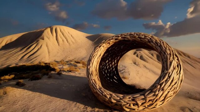 Abstract woven sphere on a hill with desert mountains and a sun setting behind misty peaks, golden hour