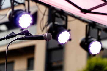 Close up of microphone ready for the concert on a summer music festival