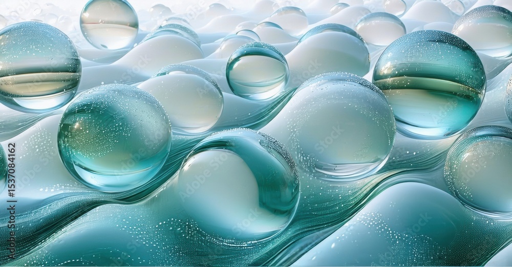 Poster Bubbles, liquid surface, flowing shapes. Cool tones, translucent forms create abstract texture. Light reflections, smooth curves dominate composition.