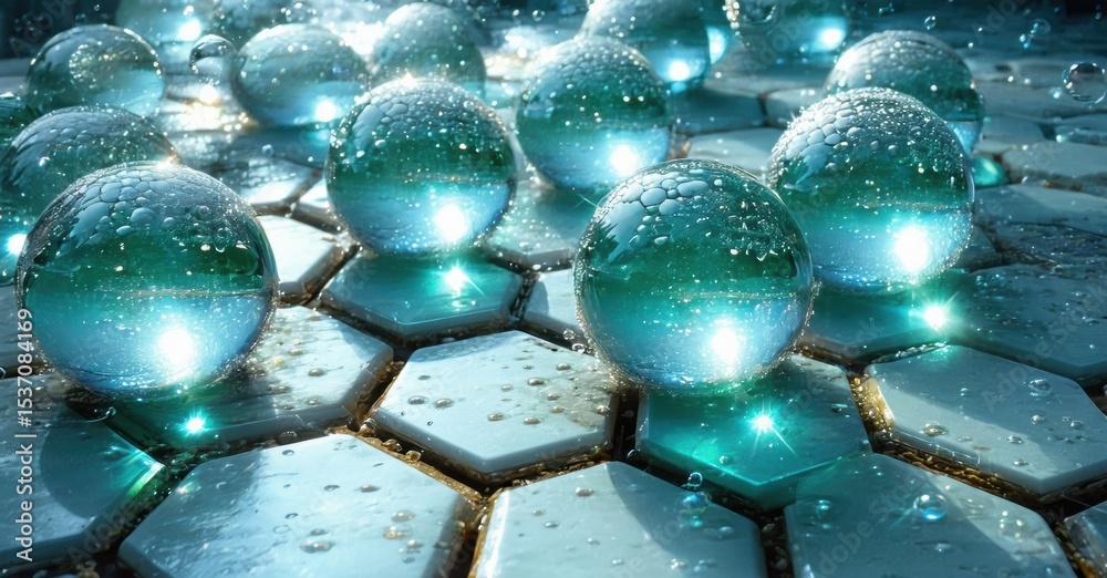 Poster glass spheres rest upon hexagonal tiles. water droplets cover surfaces, creating luminous reflection
