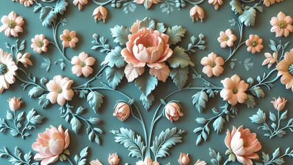Blue green and pink classic flower illustration high resolution image