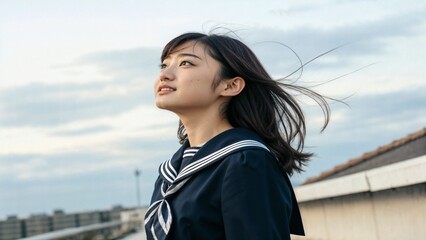 Japanese high school girl in classic navy blue sailor uniform standing on school rooftop with gentle wind creating authentic student portrait photography in natural setting