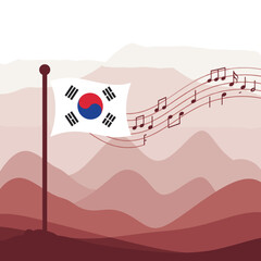 The flag of South Korea is depicted with music notes flowing from it, symbolizing harmony and culture.