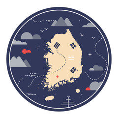 A circular, stylized map of South Korea, with lines indicating movement, and dotted pathways representing connections or transportation routes.