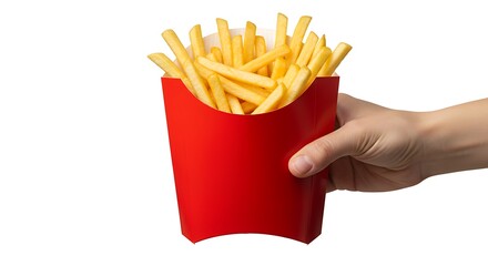 Hand Holding a Box of Delicious Golden French Fries on White Background