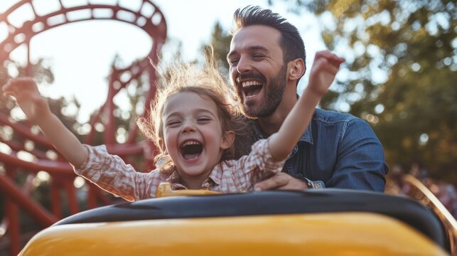 Thrilled father and daughter ride a yellow roller coaster with arms raised in joyful excitement