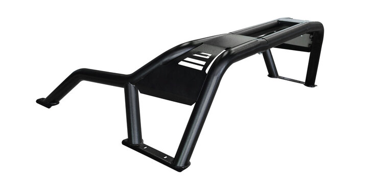 Black steel roll bar for pickup truck isolated on white background. Automotive accessory designed for protection, strength, and style in off-road and heavy-duty vehicles. Car modification and exterior