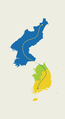 Fototapeta premium A circular, stylized map of South Korea, with lines indicating movement, and dotted pathways representing connections or transportation routes.