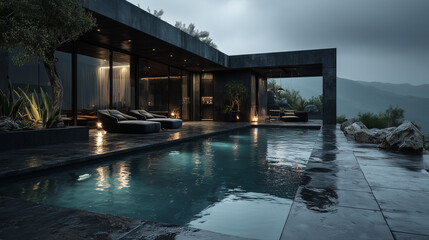 Obraz premium Beautiful private swimming pool and two stories modern house in the middle of forest , raining , dark mood.