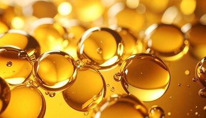 Bright Golden Bubbles Float in Liquid, Creating a Mesmerizing Abstract Texture Filled With Light Reflections
