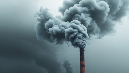 Industrial chimney releasing huge toxic dark smoke into cloudy sky