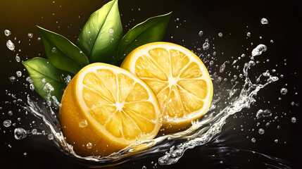 Fresh Ripe Yellow Lemon with Dynamic Water Splash on a Dark Black Background