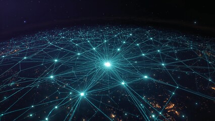 Obraz premium Global network of interconnected cities at night.
