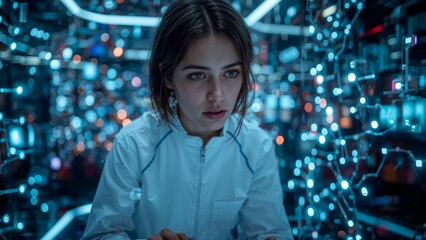 Woman in a lab coat focused on a complex digital interface.