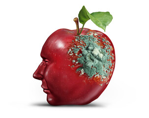 Degenerative Brain Disease as a rotting apple with growing mold as a human brain showing neuron loss shrinking neuron tissue and damaged head associated with Alzheimers and neurodegenerative diseases.