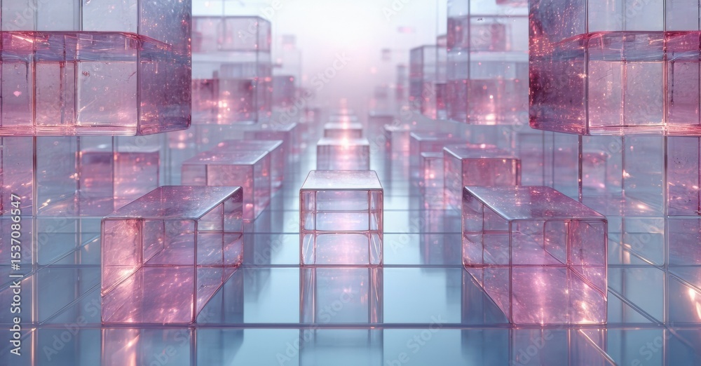 Poster abstract cityscape. glowing pink cubes create endless perspective. reflections suggest futuristic, d