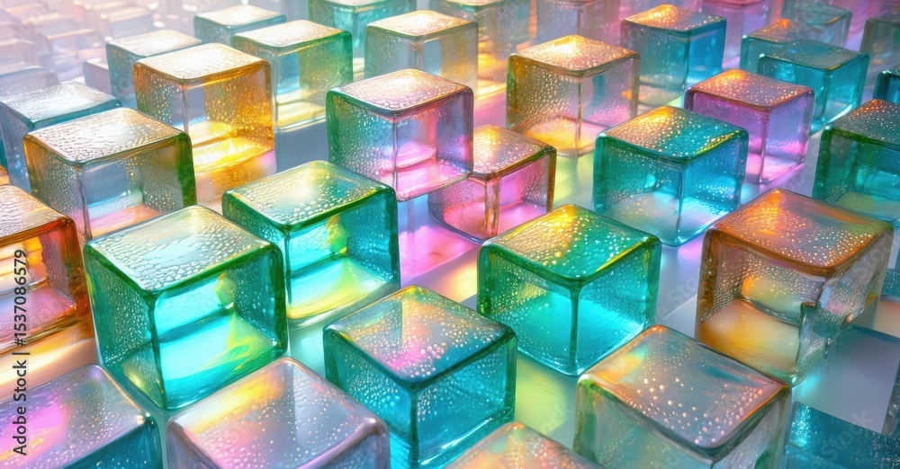 Poster vibrant translucent cubes create abstract pattern. colorful illumination highlights geometric shapes