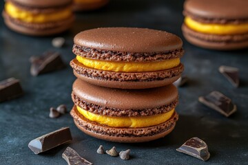 Two stacked chocolate macarons with orange filling, dark background