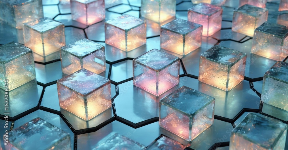 Poster abstract cubes glow atop hexagonal grid. cool tones dominate, creating futuristic, digital aesthetic