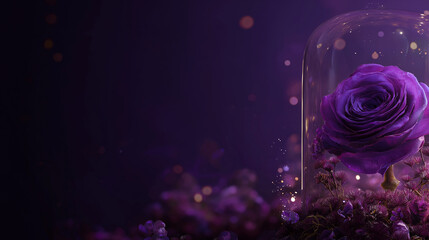 enchanted purple rose in glass dome with glowing particles, perfect for fantasy book covers, romantic greeting cards, or magical themed design projects, copy text