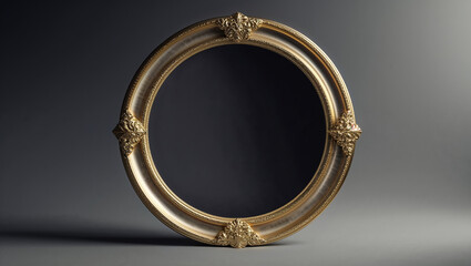 Obraz premium Elegant oval golden frame with ornate floral decorations standing on gray background