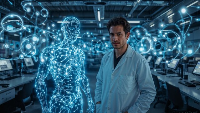 Scientist stands in a laboratory with a digital human body model.