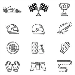 Black and White Line Art Icons Set Formula One Racing Car Helmet Gloves Trophy Checkered Flag Tire Starting Trap Race Track Vector Icons for Business, Web, UI/UX, and Design Projects