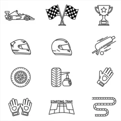 Fotobehang Formule 1 Black and White Line Art Icons Set Formula One Racing Car Helmet Gloves Trophy Checkered Flag Tire Starting Trap Race Track Vector Icons for Business, Web, UI/UX, and Design Projects  © Vector_Nest