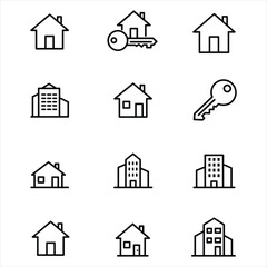 Twelve Black Outline Icons of Houses Buildings and Keys on White Background Simple Minimalist Real Estate Symbols Vector Icons for Business, Web, UI/UX, and Design Projects