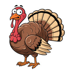 A comical cartoon turkey with a round, brown body and large, expressive eyes.