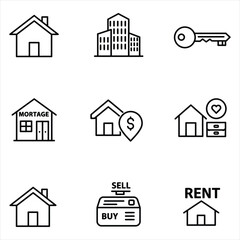 Nine Black and White Real Estate Icons House Building Key Mortgage Sale Rent Home Purchase Love vector Vector Icons for Business, Web, UI/UX, and Design Projects
