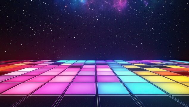 A vibrant, colorful dance floor under a starry night sky