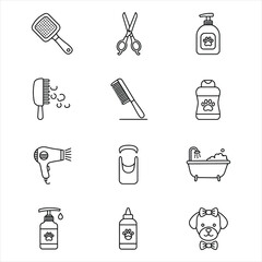 Twelve Black Line Icons Pet Grooming Supplies Dog Bath Shampoo Brush Comb Scissors Hair Dryer vector Vector Icons for Business, Web, UI/UX, and Design Projects