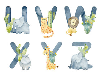 Watercolor animals letters.