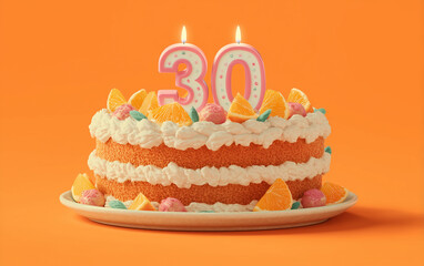 birthday cake with candles number 30, greeting card illustration for celebrating 30th birthday, perfect for invitations, digital greetings, or party decorations