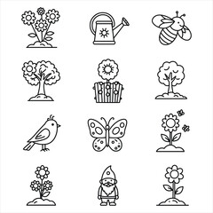Garden Icons Set Black Line Art Flowers Trees Bee Butterfly Bird Gnome Watering Can Plant Pot vector Vector Icons for Business, Web, UI/UX, and Design Projects