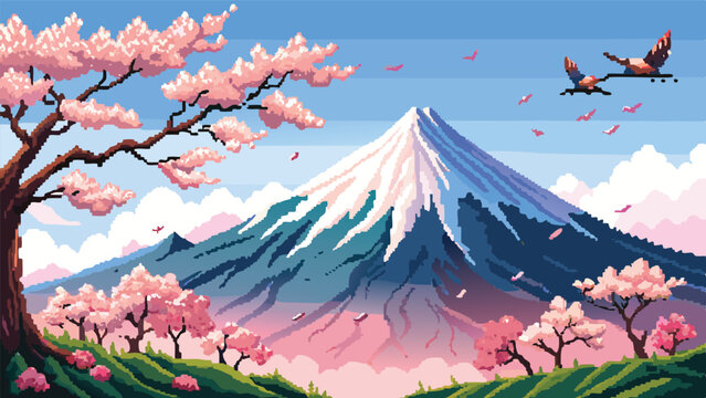 Pixel Art of Mount Fuji &ndash; Iconic Japanese Mountain in Retro Pixel Style
