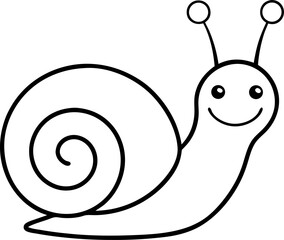 Simple black and white vector illustration of a smiling cartoon snail suitable for children's educational materials and design projects